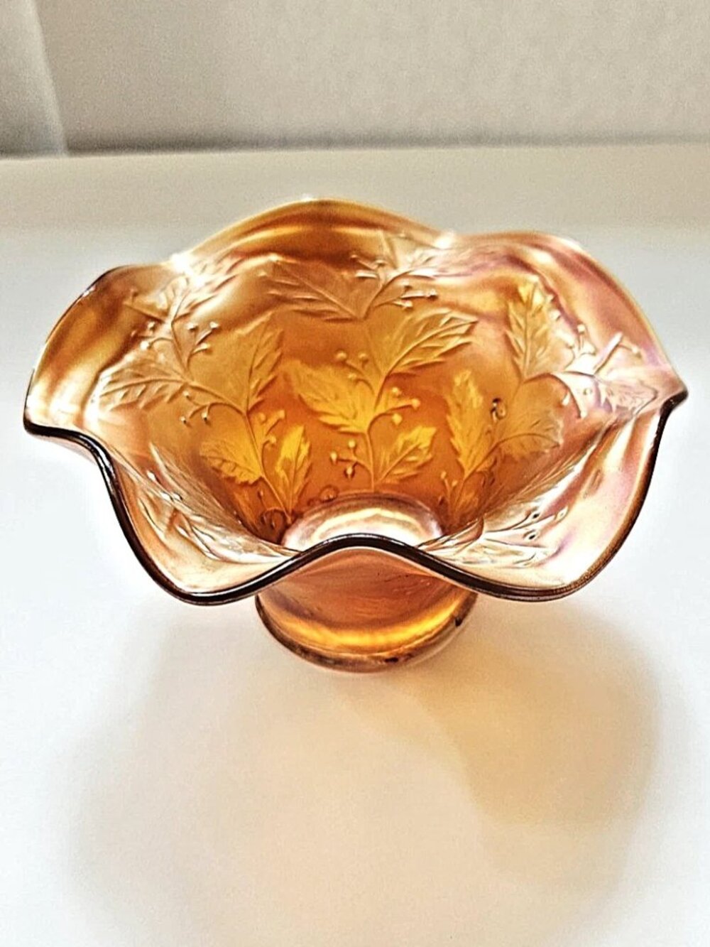 Vintage Fenton Marigold Carnival Glass Ruffled Candy Dish Holly Pattern